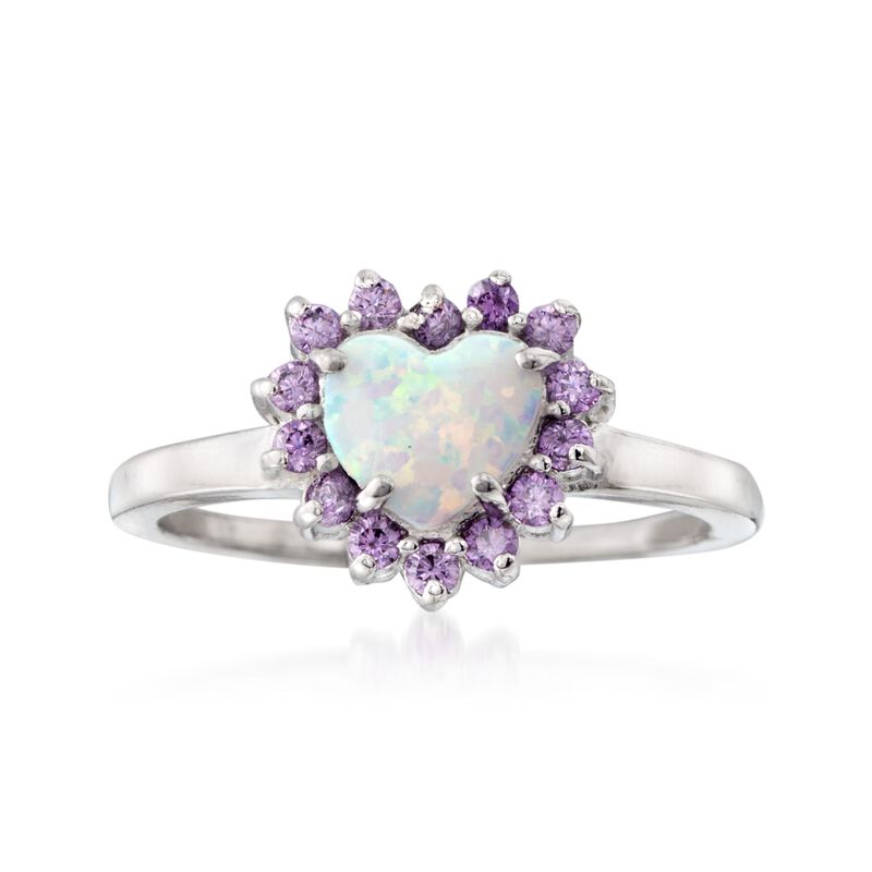 Simulated Opal and Simulated Amethyst Heart Ring in Sterling Silver. Size 7 image number 0