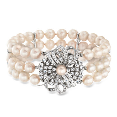 C. 1960 Vintage 7mm Cultured Pearl and 2.82 ct. t.w. Diamond Flower Bracelet in 14kt White Gold 