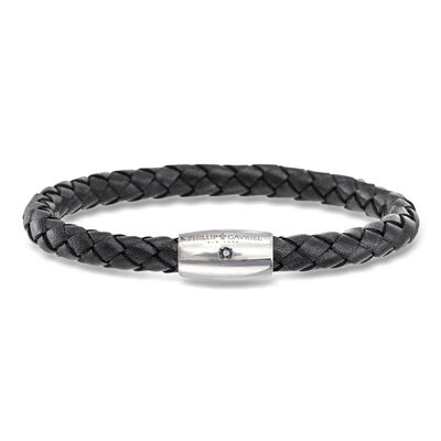 Phillip Gavriel Men's Black Leather Bracelet with Single Sapphire in Sterling Silver