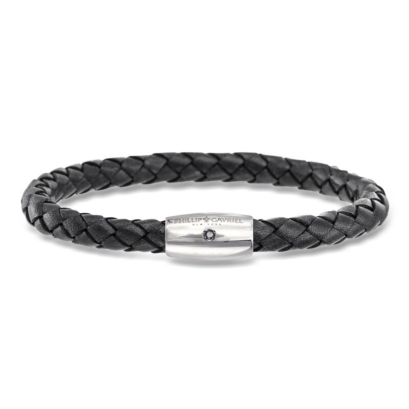 Phillip Gavriel Men's Black Leather Bracelet with Single Sapphire in Sterling Silver. 8" image number 0