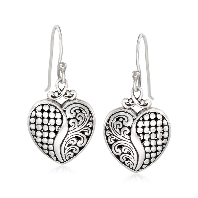 Sterling Silver Bali-Style Heart Drop Earrings image number 0