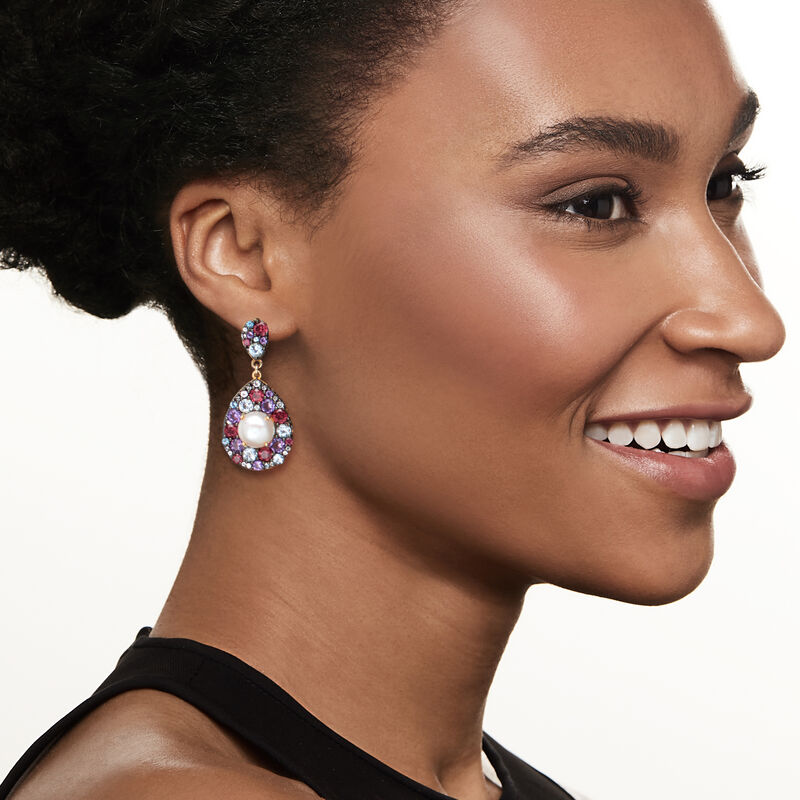 10-10.5mm Cultured Pearl and 10.00 ct. t.w. Multi-Gemstone Drop Earrings in 18kt Gold Over Sterling image number 1