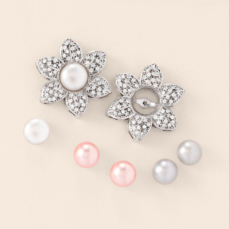 Italian 7-8mm Cultured Pearl Jewelry Set: Three Pairs of Studs with 1.00 ct. t.w. CZ Flower Earring Jackets in Sterling Silver image number 6