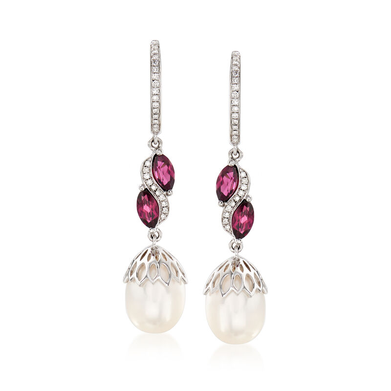 9-9.5mm Cultured Pearl, 1.20 ct. t.w. Rhodolite Garnet and .15 ct. t.w. Diamond Drop Hoop Earrings in Sterling Silver image number 0