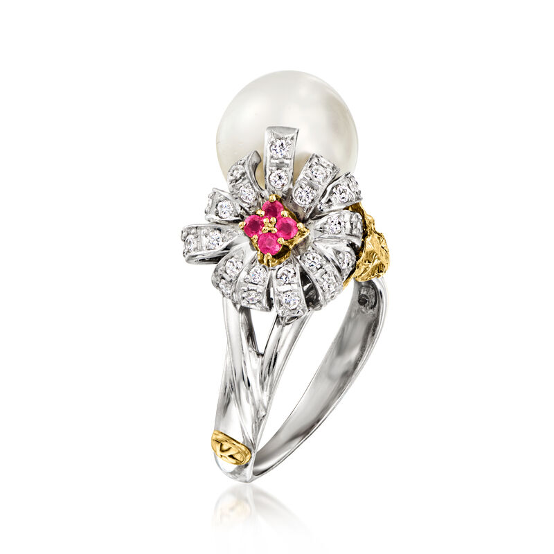 C. 1990 Vintage 12.5x11.5mm Cultured South Sea Pearl Flower Ring with .50 ct. t.w. Diamonds and .20 ct. t.w. Rubies in Platinum and 18kt Yellow Gold. Size 7.5 image number 2