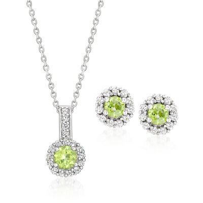 .90 ct. t.w. Peridot and .90 ct. t.w. White Topaz Jewelry Set: Earrings and Pendant Necklace in Sterling Silver