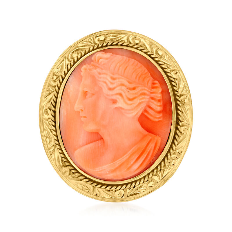 C. 1950 Vintage Red Coral Cameo Pin in 10kt Yellow Gold image number 0