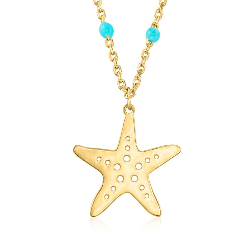 Italian 14kt Yellow Gold Starfish and Blue Enamel Station Necklace | Ross  Simons
