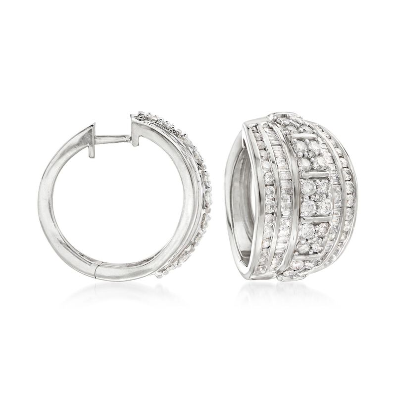 3.00 ct. t.w. Round and Baguette Diamond Hoop Earrings in Sterling Silver. 3/4&quot; image number 0