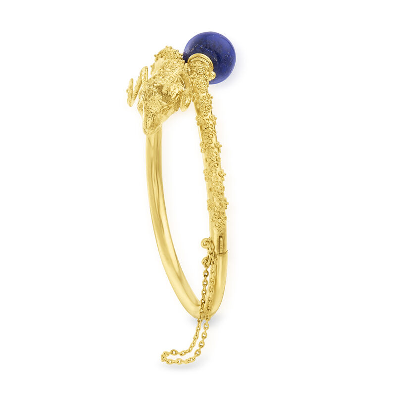 C. 1990 Vintage Lapis and 22kt Yellow Gold Ram's Head Bypass Bangle Bracelet. 7&quot; image number 2