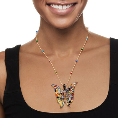 Italian Multicolored Murano Glass Butterfly Pendant Necklace with 18kt Gold Over Sterling