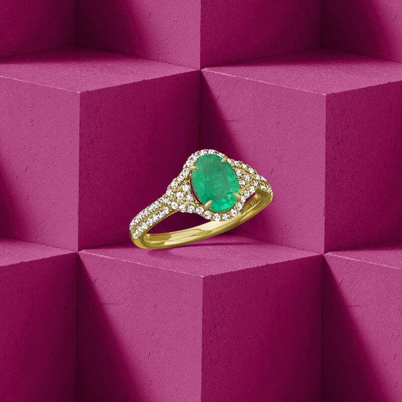 1.30 Carat Emerald and .40 ct. t.w. Diamond Ring in 14kt Yellow Gold image number 3