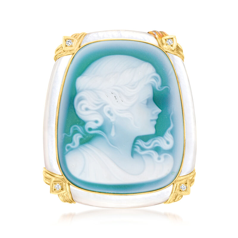 C. 1980 Vintage Blue Agate and Mother-of-Pearl Cameo Pin/Pendant with Diamonds in 18kt Yellow Gold image number 3