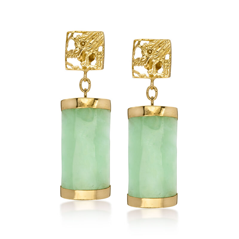 C. 2000 Vintage Jade Dragon Drop Earrings in 14kt Yellow Gold  image number 0