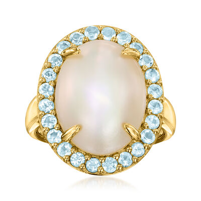 16x12mm Mabe Pearl and 1.00 ct. t.w. Swiss Blue Topaz Ring in 18kt Gold Over Sterling