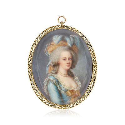 C. 1930 Vintage Painted Portrait Pin/Pendant with Enamel in 14kt Yellow Gold