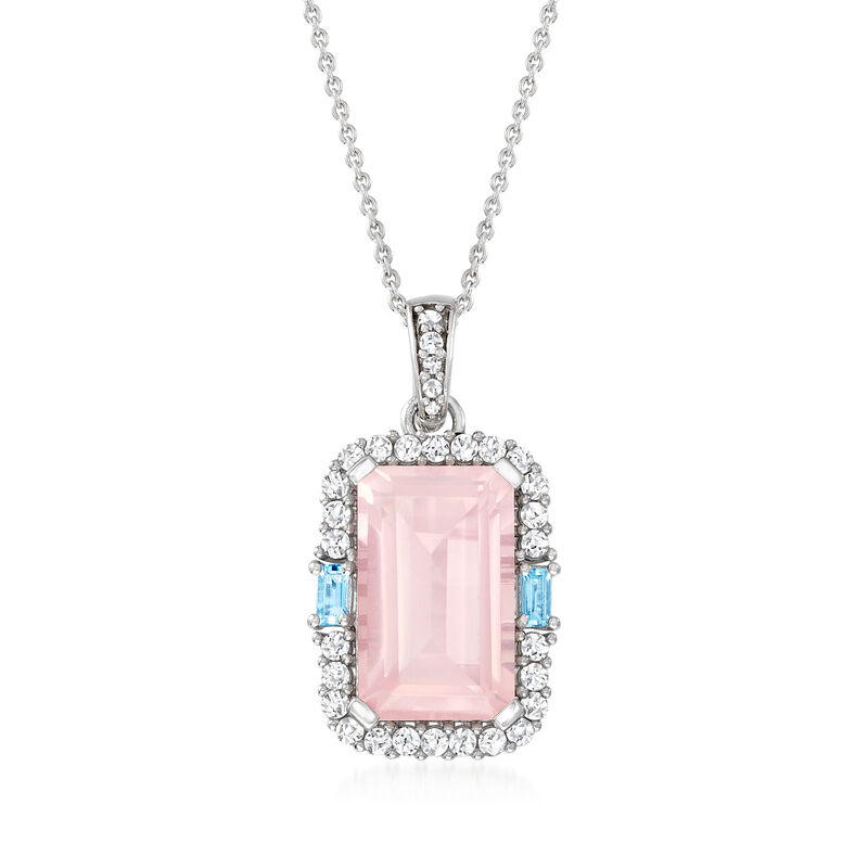 6.75 Carat Rose Quartz, .70 ct. t.w. White Zircon and .10 ct. t.w. Swiss Blue Topaz Pendant Necklace in Sterling Silver. 18&quot; image number 1