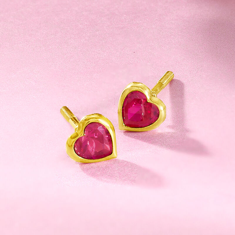 Child's Simulated Ruby Heart Stud Earrings in 14kt Yellow Gold image number 1