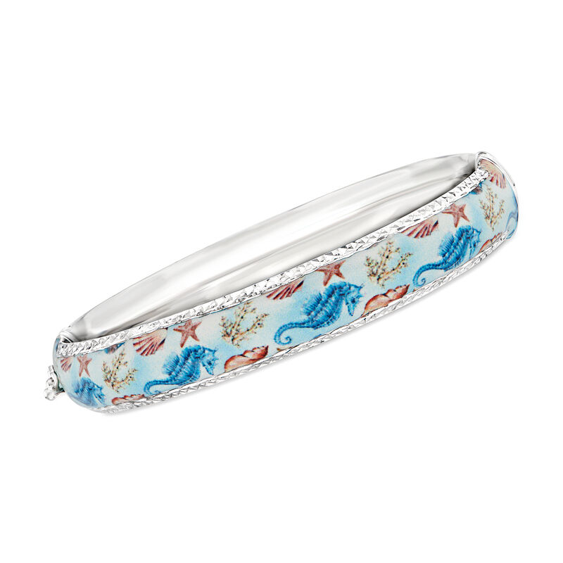 Multicolored Enamel Sea Life Bangle Bracelet in Sterling Silver image number 0