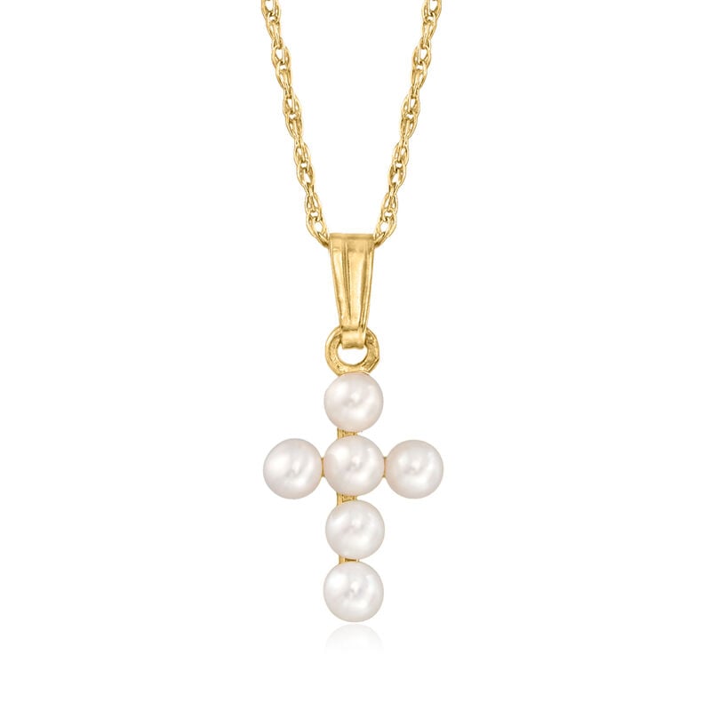 Child's 2.5-3mm Cultured Pearl Cross Pendant Necklace in 14kt Yellow Gold. 15&quot; image number 0
