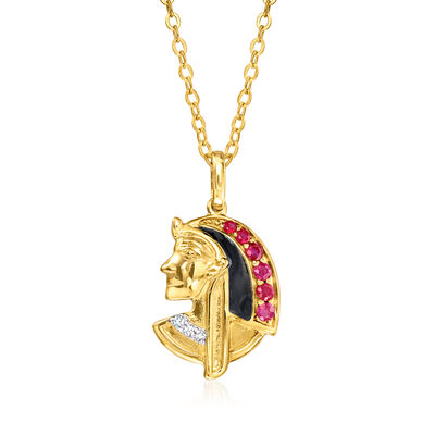 .23 ct. t.w. Ruby Egyptian Pharaoh Pendant Necklace with Diamonds and Black Enamel in 18kt Gold Over Sterling