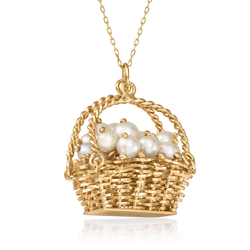 C. 1960 Vintage 4-5mm Cultured Pearl Basket Pendant Necklace in 14kt Yellow Gold. 18" image number 2