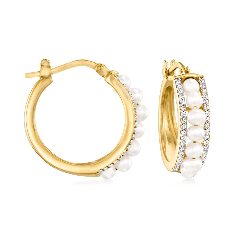 Charles Garnier &quot;Venus&quot; 2.5-3mm Cultured Pearl and .30 ct. t.w. CZ Hoop Earrings in 18kt Gold Over Sterling. 7/8&quot; image number 0