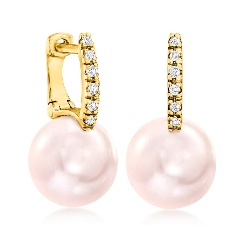 8-8.5mm Pink Cultured Pearl Huggie Hoop Drop Earrings with Diamonds in 14kt Yellow Gold. 1/2&quot; image number 2
