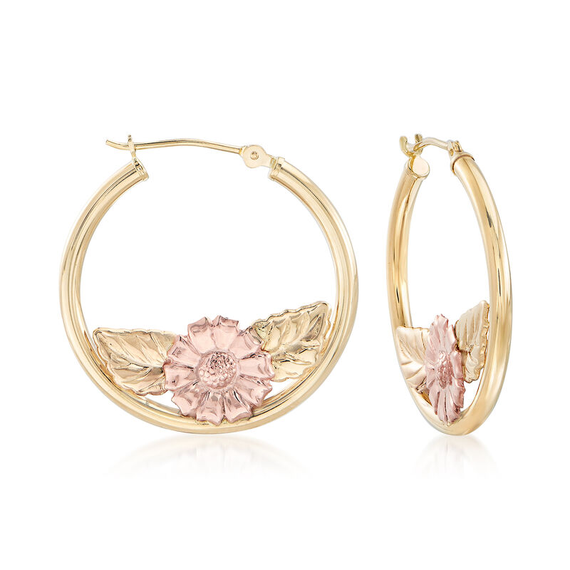 14kt Two-Tone Gold Foliage and Floral Hoop Earrings. 1&quot;. image number 0