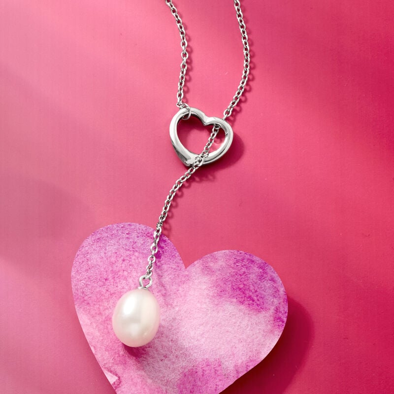 9-10mm Cultured Pearl Heart Lariat Necklace in Sterling Silver image number 2
