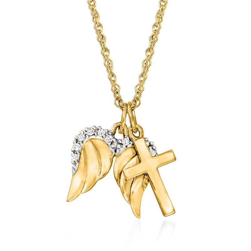 14kt Yellow Gold Cross and Angel Wings Pendant Necklace with Diamonds image number 0