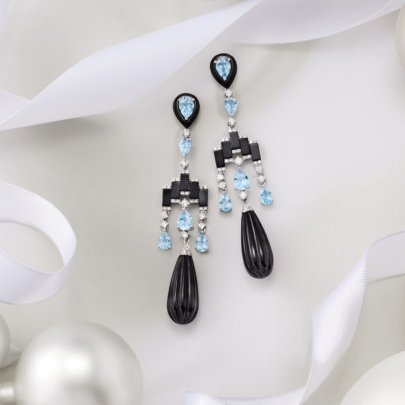 Black Onyx, 4.20 ct. t.w. Aquamarine and .88 ct. t.w. Diamond Chandelier Earrings in 14kt White Gold image number 2