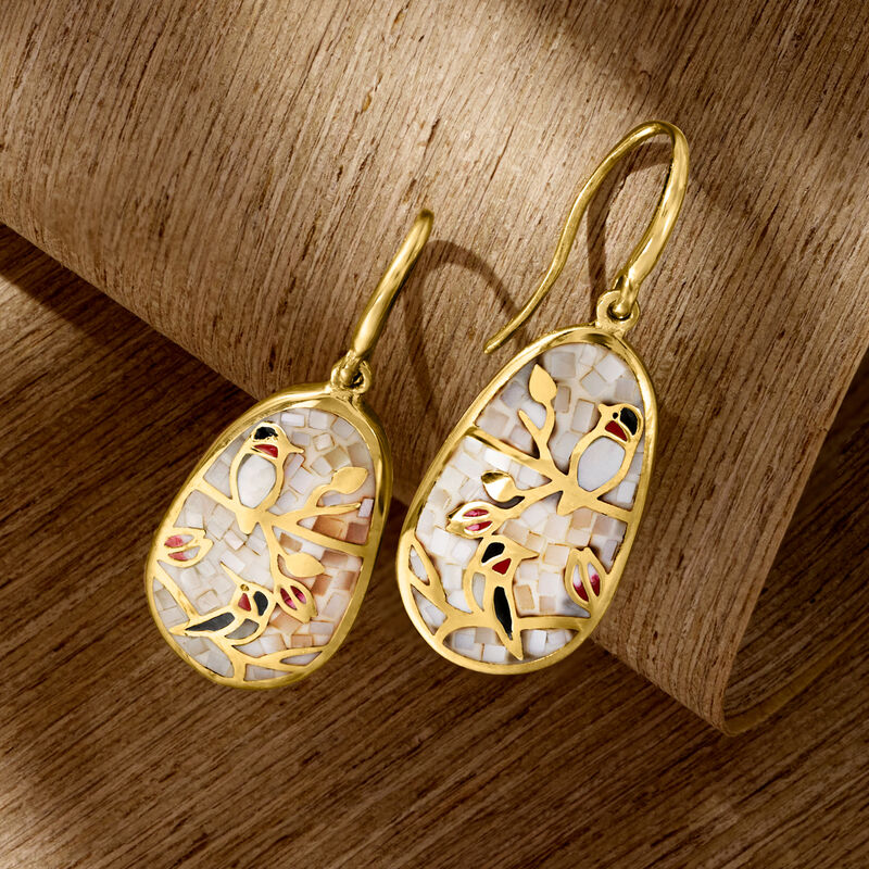 Mother-of-Pearl and Multicolored Enamel Bird Drop Earrings in 18kt Gold Over Sterling image number 2