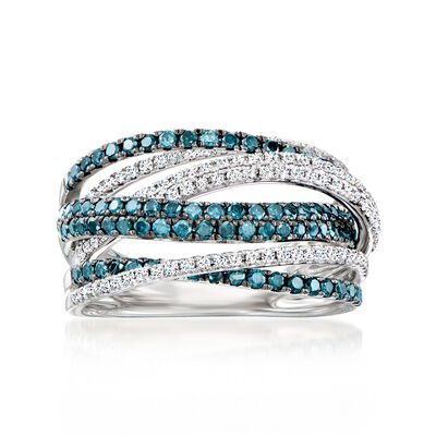 1.20 ct. t.w. White and Blue Diamond Highway Ring in 14kt White Gold