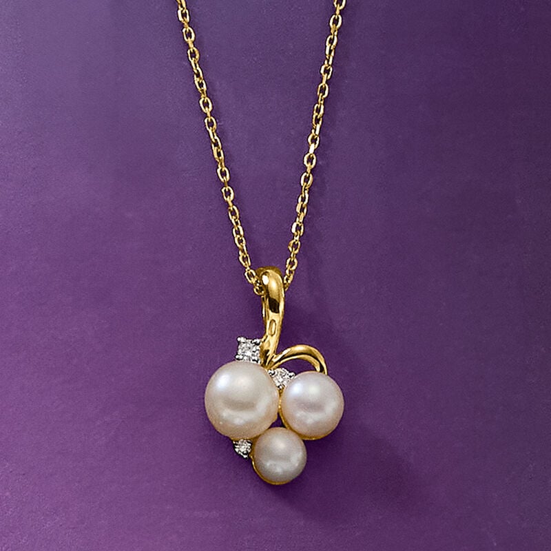 5-7mm Cultured Pearl Pendant Necklace with Lab-Grown Diamonds in 18kt Gold Over Sterling. 18" image number 2