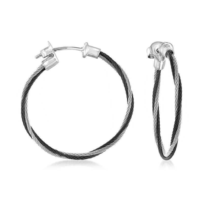 ALOR &quot;Classique&quot; Gray & Black Stainless Steel Cable Hoop Earrings with 18kt White Gold. 1&quot; image number 0