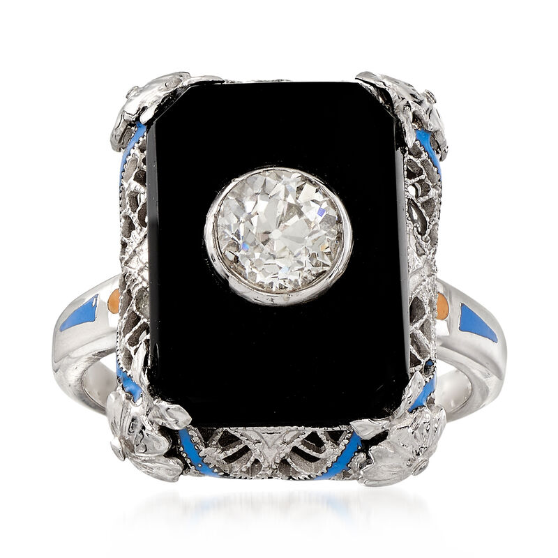 C. 1950 Vintage Black Onyx and Diamond Ring in 14kt White Gold. Size 5.25 image number 0