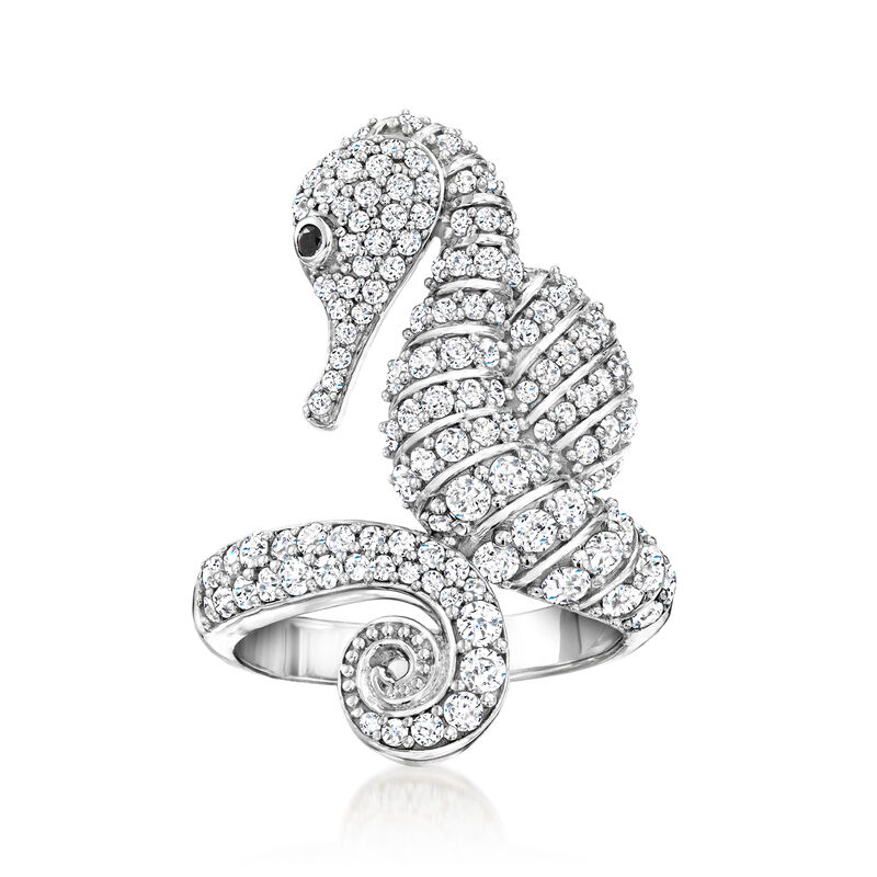 2.00 ct. t.w. White Zircon Seahorse Ring with Single Black Spinel in Sterling Silver image number 0