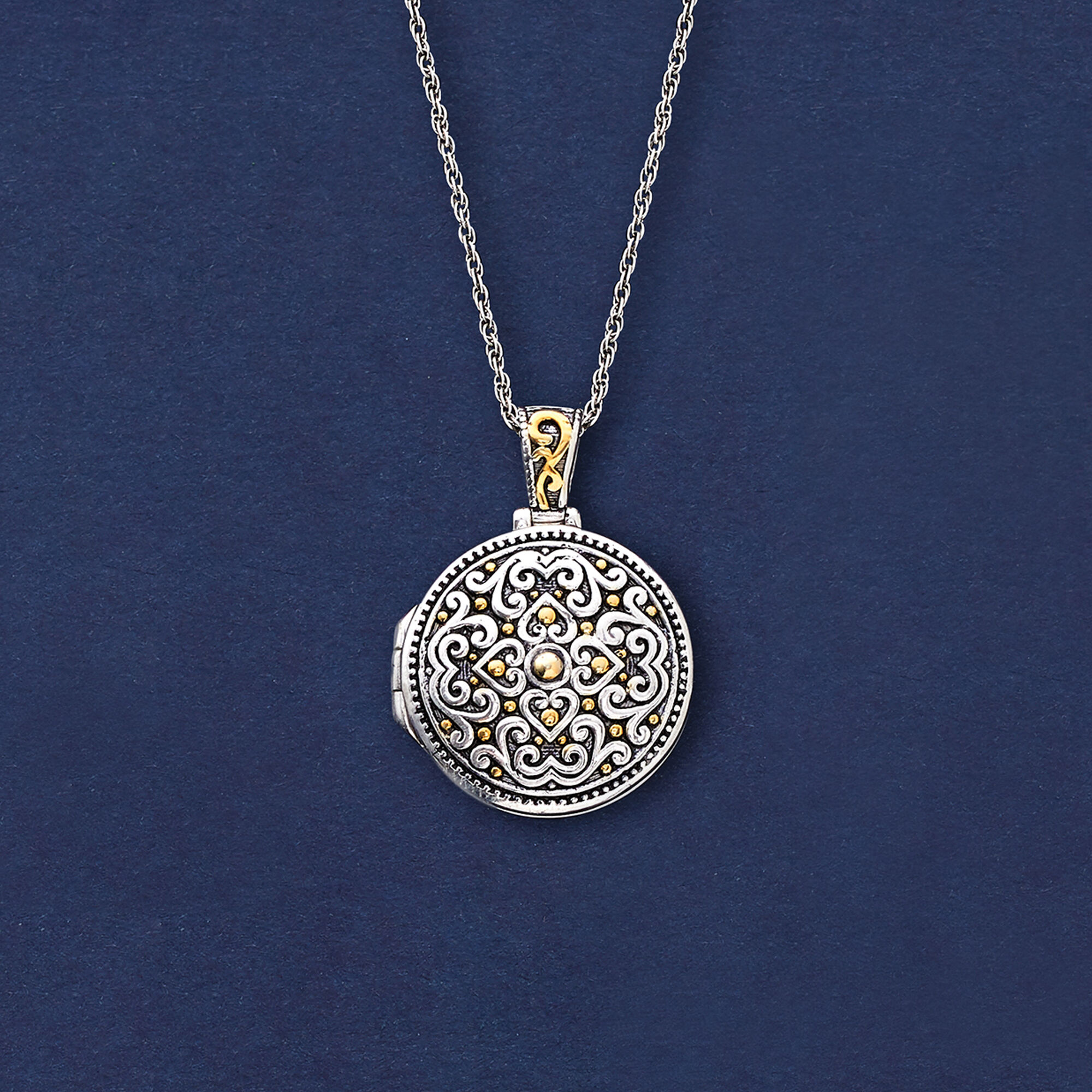 Two-Tone Sterling Silver Bali-Style Locket Necklace. 18 Two-Tone Sterling Silver Bali-Style Locket Necklace. 18