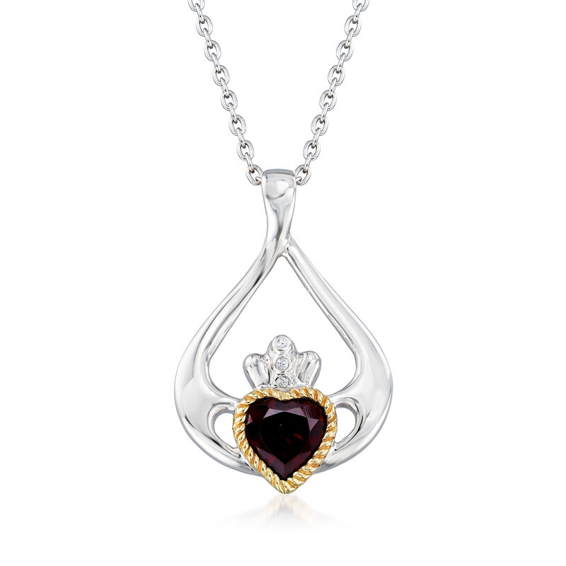 1.70 Carat Garnet Heart Claddagh Pendant Necklace in Sterling Silver with 14kt Yellow Gold image number 0