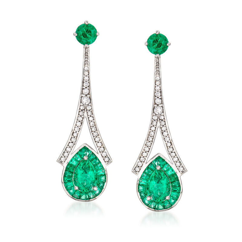 2.60 ct. t.w. Emerald and .36 ct. t.w. Diamond Drop Earrings in 14kt White Gold image number 0