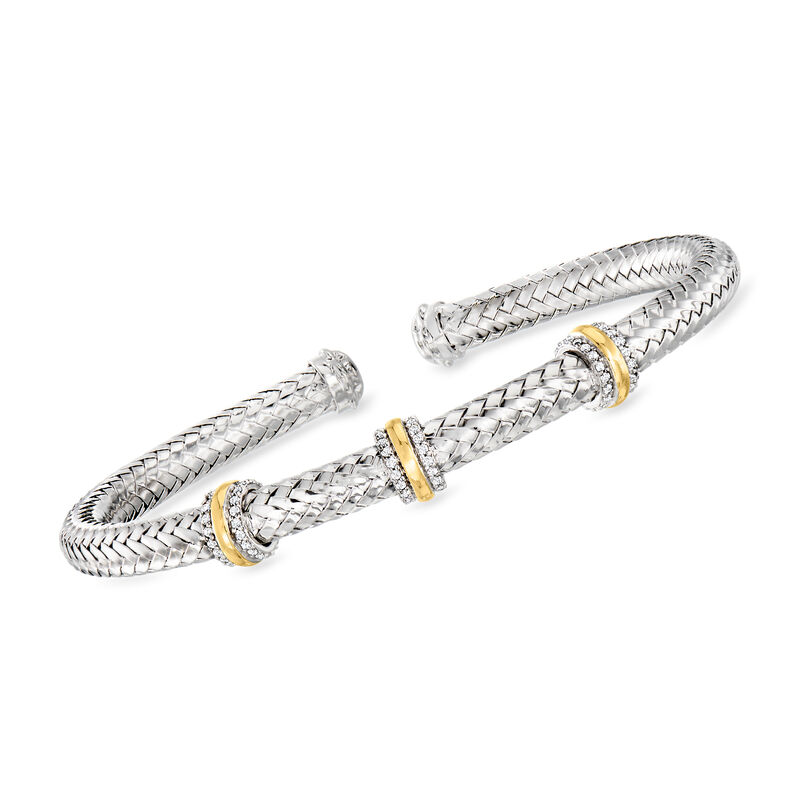 Charles Garnier .50 ct. t.w. CZ Station Cuff Bracelet in Sterling Silver and 18kt Gold Over Sterling. 7&quot; image number 0