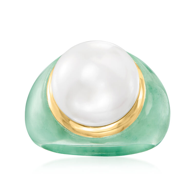 14-15mm Cultured Pearl and Jade Ring in 14kt Yellow Gold. Size 8 image number 0