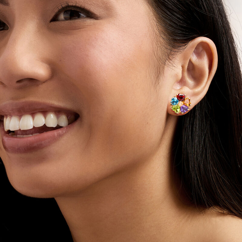 C. 1980 Vintage 9.10 ct. t.w. Multi-Gemstone Flower Earrings with Diamonds in 14kt Yellow Gold image number 1