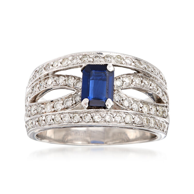 C. 1980 Vintage .85 Carat Sapphire and 1.10 ct. t.w. Diamond Ring in 14kt White Gold. Size 8.5 image number 0