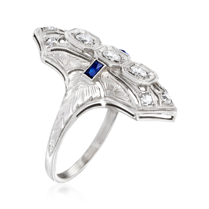 C. 1950 Vintage .35 ct. t.w. Diamond Ring with Synthetic Sapphire Accents in 18kt White Gold image number 2