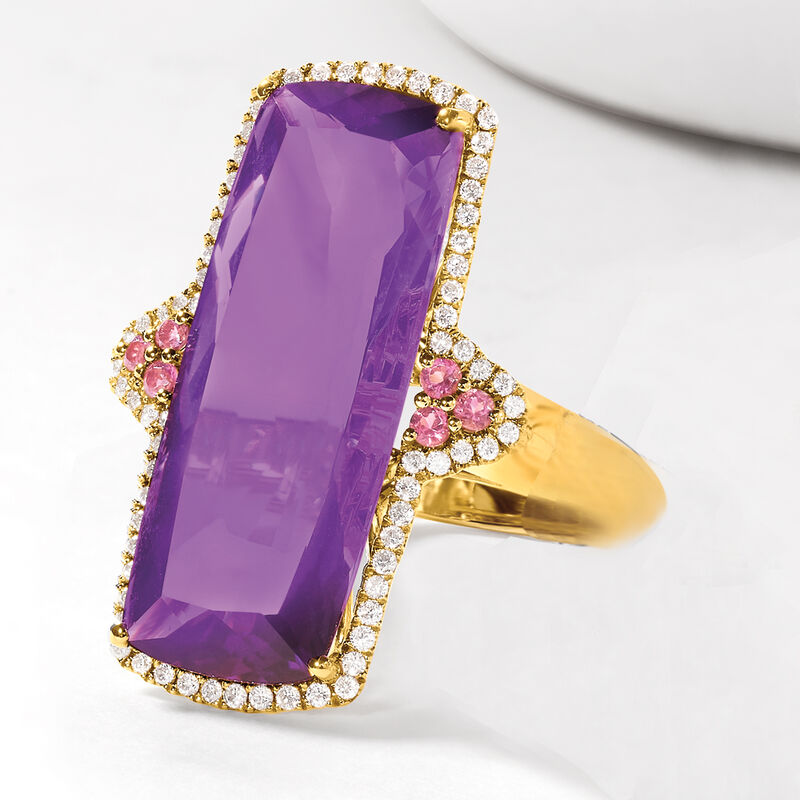 13.00 Carat Purple Amethyst and .36 ct. t.w. Diamond Ring with .10 ct. t.w. Pink Tourmaline in 14kt Yellow Gold image number 3