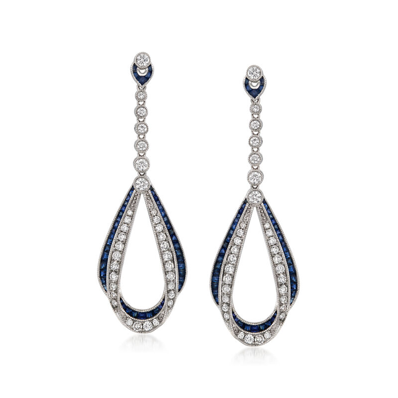 C. 1990 Vintage 1.78 ct. t.w. Sapphire and .71 ct. t.w. Diamond Drop Earrings in 14kt White Gold image number 0