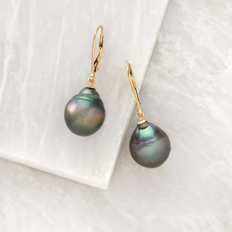 11-12mm Black Cultured Tahitian Pearl Earrings in 14kt Yellow Gold image number 4