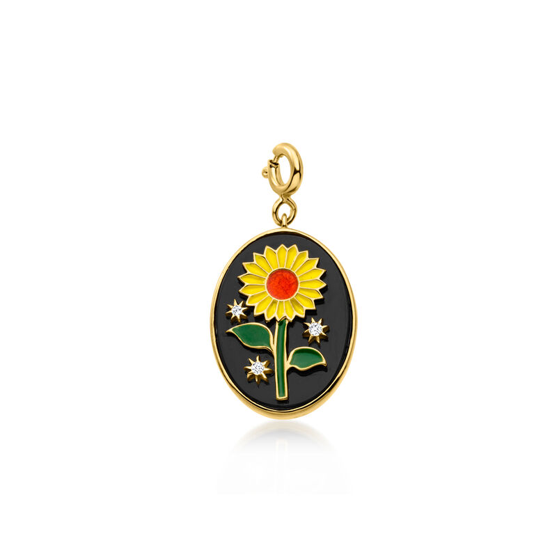 Onyx and Multicolored Enamel Sunflower Charm with White Topaz in 18kt Gold Over Sterling image number 1